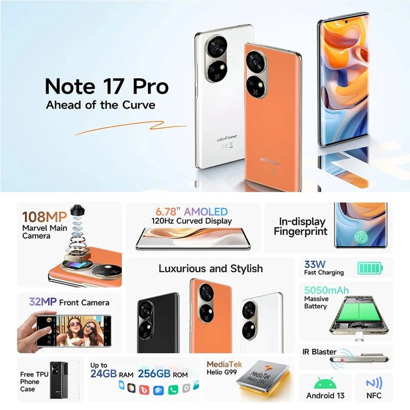 【World Premiere】Ulefone Note 17 Pro Smartphone 6.78" 120HZ AMOLED Curved Display 24GB+256GB  108MP Camera 5050mAh Global Version