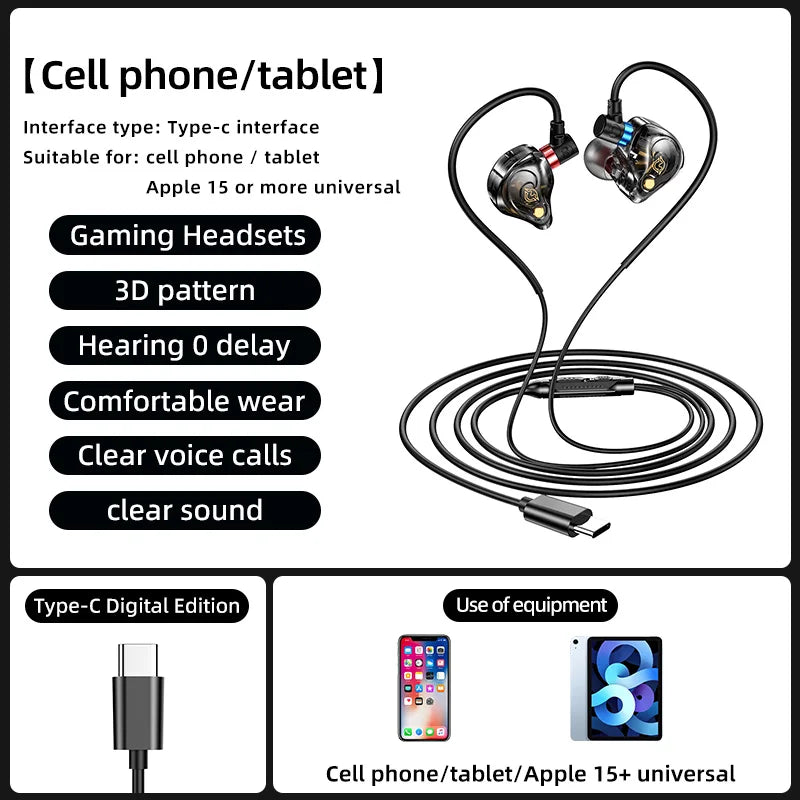 NEW 8D Surround Sound Gaming Earphones Type C&3.5mm Wired In Ear Earbuds Headphones Sports Gamer Headset for Samsung With HD Mic - Universal Market