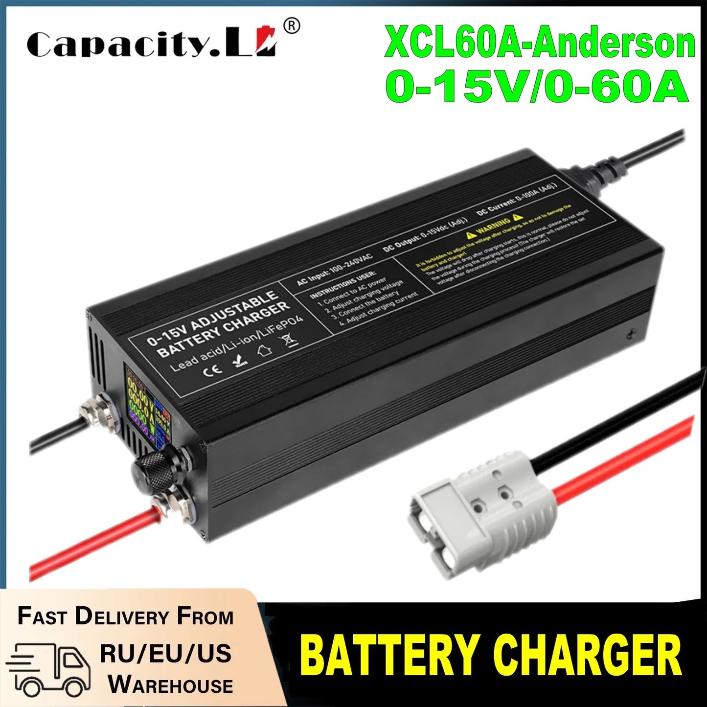 12V LiFePO4 Battery  60A 100A Anti reverse connectionAdjustable voltage and current Fast  Large Screen Display Charger
