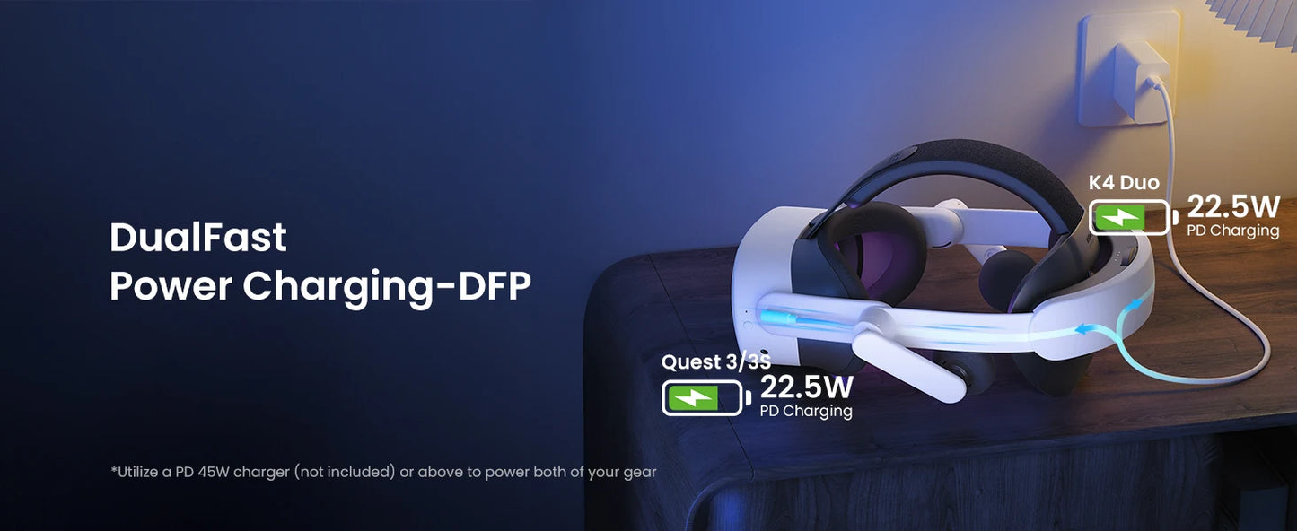 KIWI design Audio Head Strap with Battery for Meta/Oculus Quest 3/3S, K4 Duo DualFast Charging Headset, VR Accessories with Bala