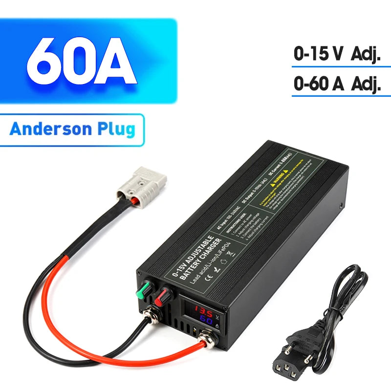 Lifepo4 Charger 12V 60A 100A Lithium Battery Charger 110V-240V Input 0-15V Adjustable Quick Fast Adapter for Lifepo4 Battery