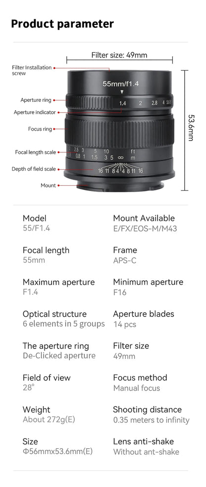 7artisans APS-C 55mm F1.4 Large Aperture Manual Focus Mirrorless Camera Lens for Portrait Photography with Sony E Fujifilm XF - Universal Market
