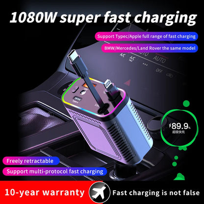 4 in 1 120W PD 33W Car Charger Retractable Car Cigarette Lighter Adapter Star Light Lighting Type C 70cm Charger Cable for Phone