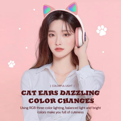 Flash Lamp Cute Cat Ears Headphone Bluetooth5.0 Stereo With Mic Support TF Card Wireless Kids Girl Earphone Birthday Gift - Universal Market