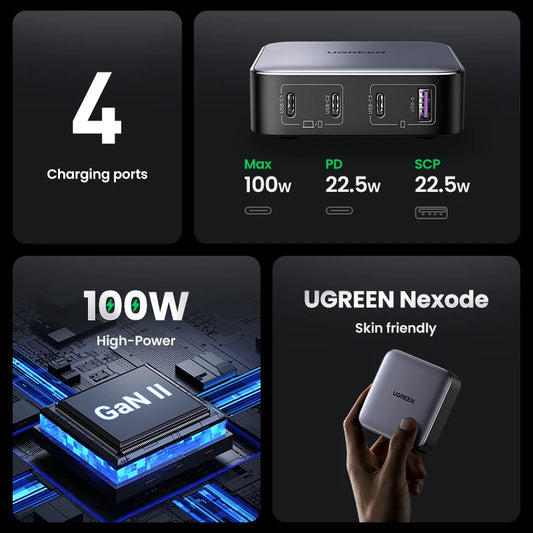 UGREEN 100W GaN Charger Desktop Laptop Fast Charger 4 in 1 Adapter For iPhone 17 16 15 14 Pro Max Phone Charger Xiaomi Samsung