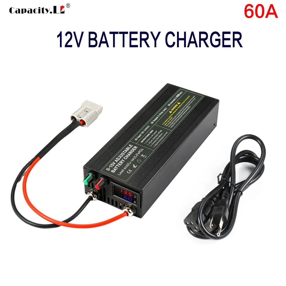 Lifepo4 Charger 12V 60A 100A Lithium Battery Charger 110V-240V Input 0-15V Adjustable Quick Fast Adapter for Lifepo4 Battery