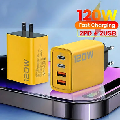 120W 2 USB+2 Type-C 4 Ports Wall Charger Fast Charging EU/US/UK Plug Power Adapter For Xiaomi iPhone Samsung Huawei Phone/Tablet