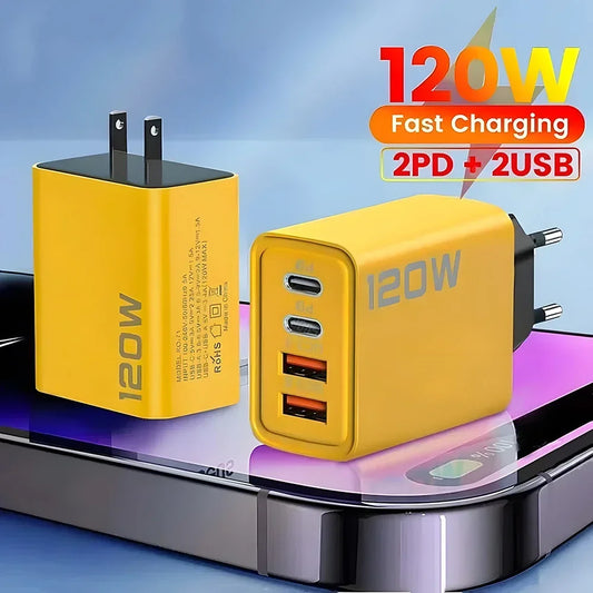 120W 2 USB+2 Type-C 4 Ports Wall Charger Fast Charging EU/US/UK Plug Power Adapter For Xiaomi iPhone Samsung Huawei Phone/Tablet