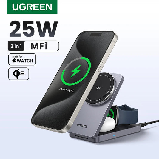 UGREEN 3-in-1 MFi 15W MAX Magnetic Wireless Charger Qi2 Charging Stand For iPhone 16 17 Pro Max For MagSafe Fast Charger