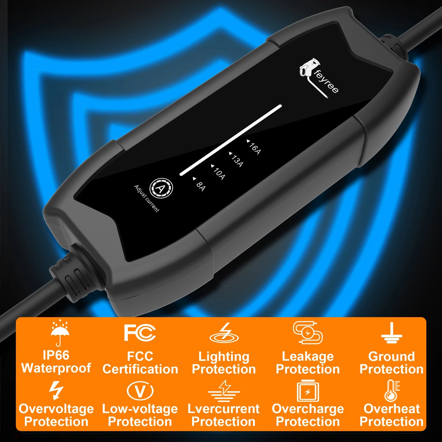 feyree Portable EV Charger 3.5KW 16A 1Phase Adjustable Current Fast Charging with TS-NACS Charger Plug Compatible for Tesla Cars