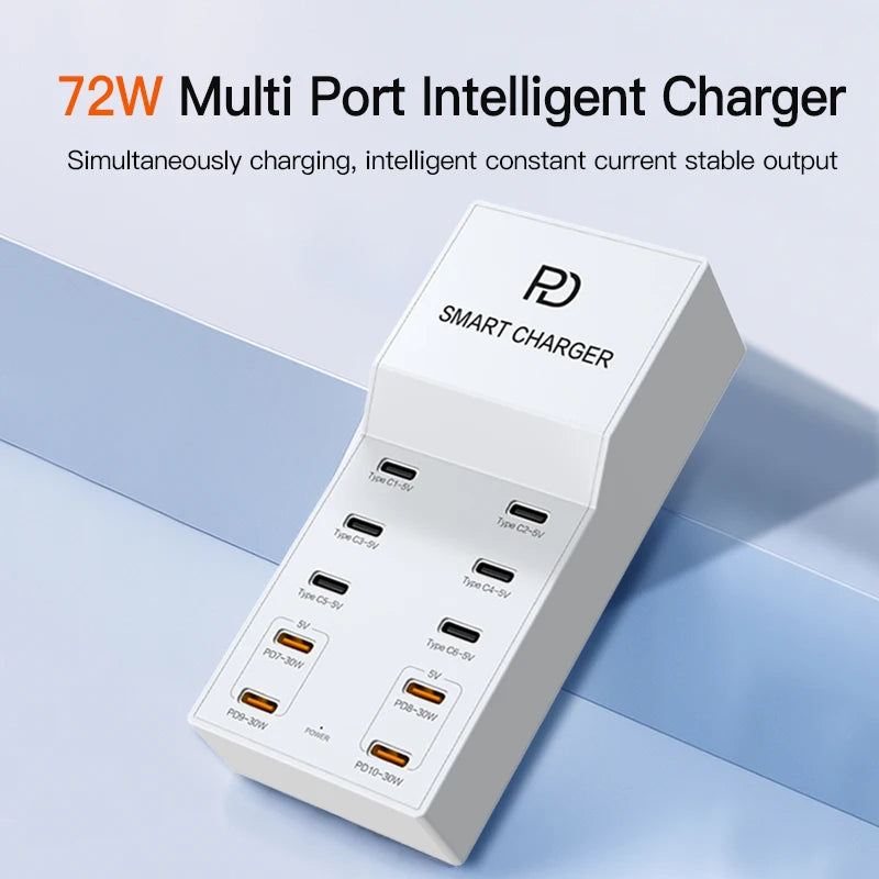 AIXXCO 72W 8 Ports PD QC3.0 USB C Fast Charger Type c Wall Adapter Super Fast Charging For Iphone Samsung Ipad Xiaomi