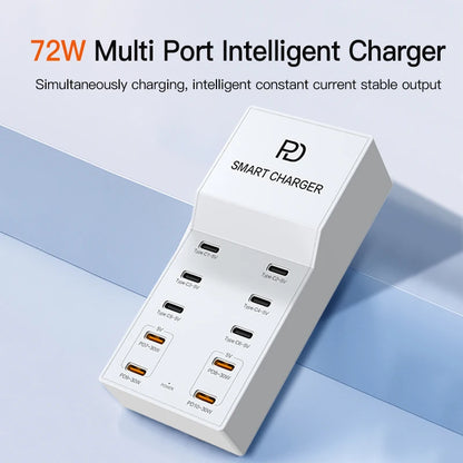 AIXXCO 72W 8 Ports PD QC3.0 USB C Fast Charger Type c Wall Adapter Super Fast Charging For Iphone Samsung Ipad Xiaomi