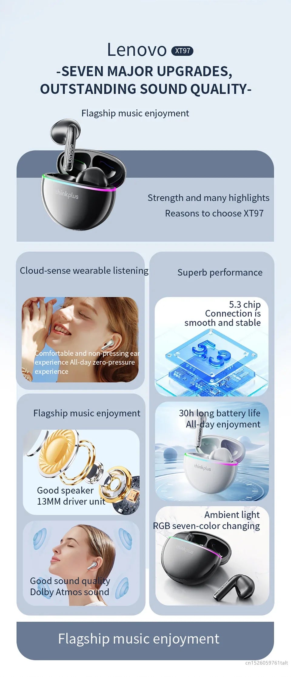 New Lenovo XT97 Mini Earphones Wireless Bluetooth 5.3 Headphones 13mm Dynamic Coil HiFi Stereo Earbuds HD Mic Game Music Headset - Universal Market