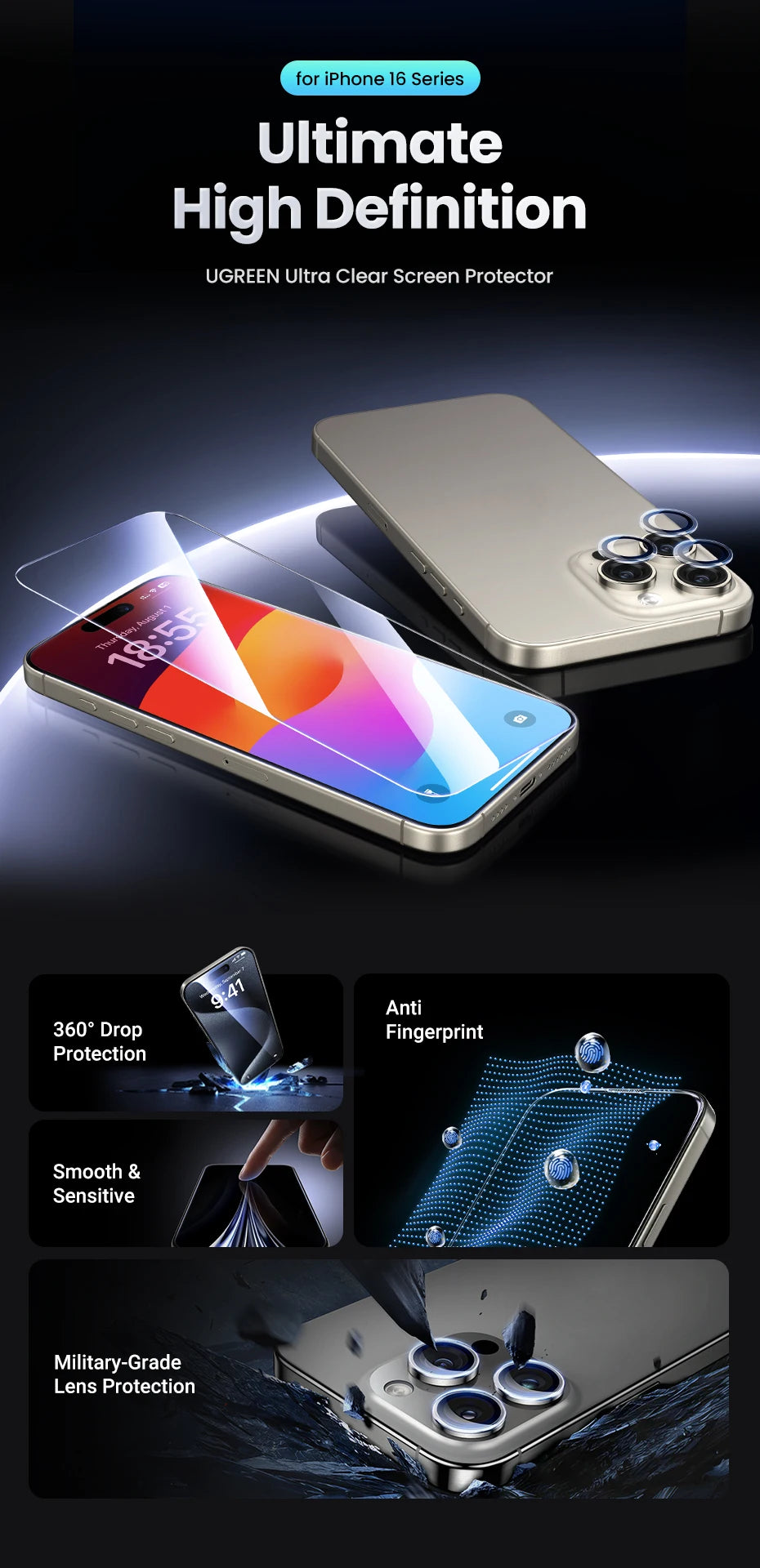 UGREEN Screen Protector For iPhone 16 Pro Full Cover Tempered Glass For iPhone 16 Plus Pro Max Camera Lens Protectors