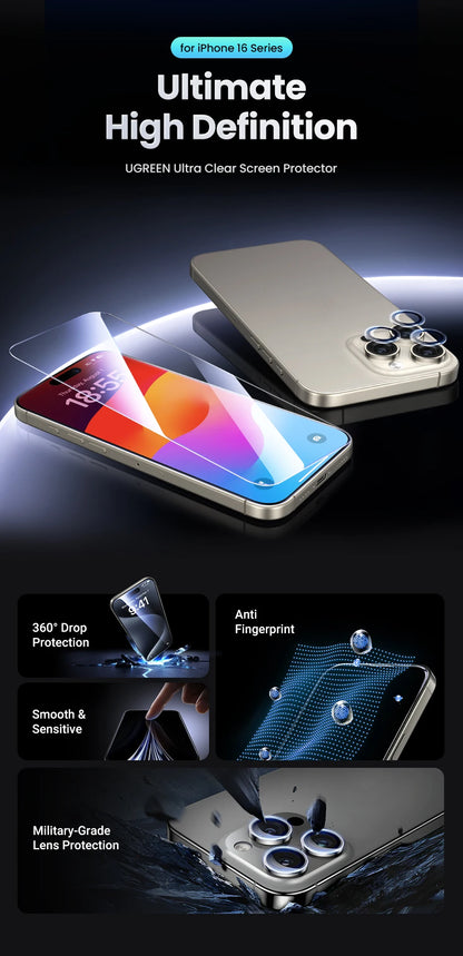 UGREEN Screen Protector For iPhone 16 Pro Full Cover Tempered Glass For iPhone 16 Plus Pro Max Camera Lens Protectors