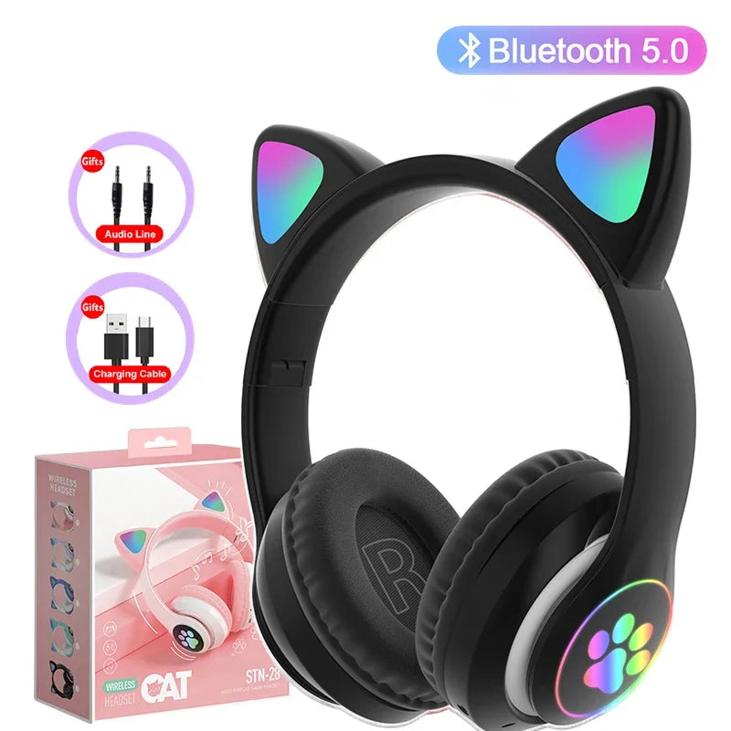 Flash Lamp Cute Cat Ears Headphone Bluetooth5.0 Stereo With Mic Support TF Card Wireless Kids Girl Earphone Birthday Gift - Universal Market