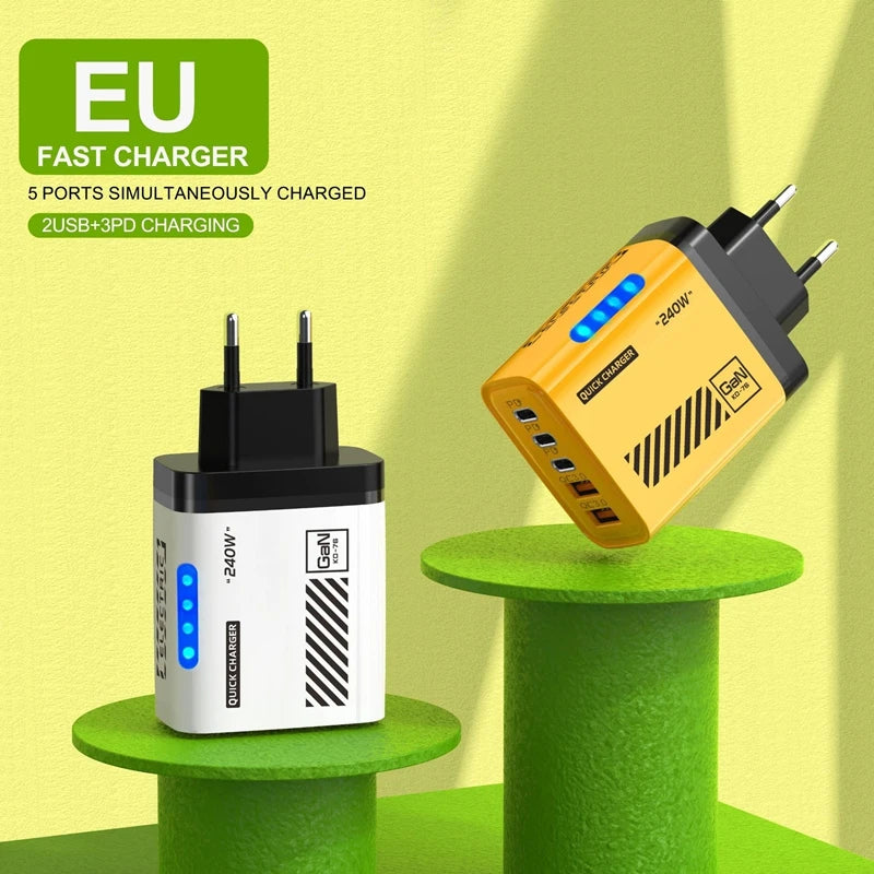 Xiaomi 240W 5 Ports Type-C USB Fast Charger EU US Plug Charger With LED Light Desktop Power Adapter For Iphone Samsung Huawei