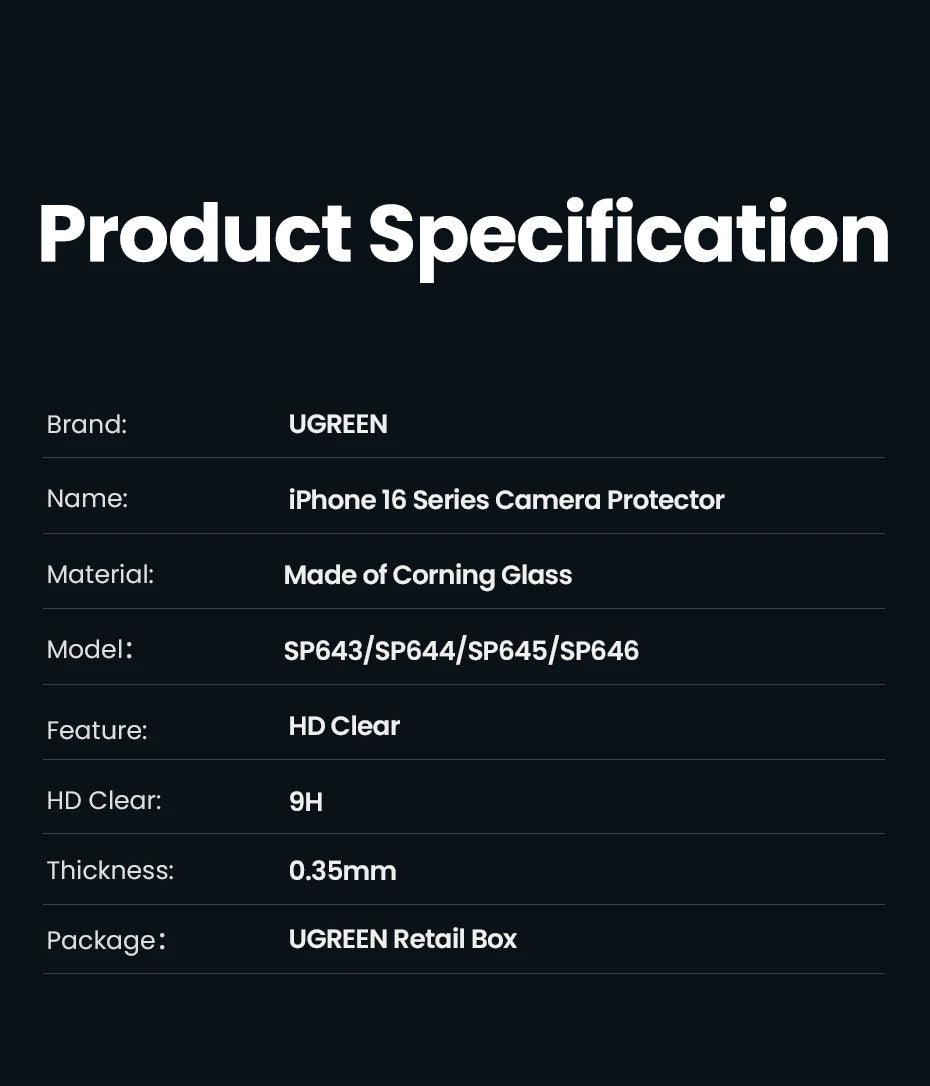 UGREEN Screen Protector For iPhone 16 Pro Full Cover Tempered Glass For iPhone 16 Plus Pro Max Camera Lens Protectors