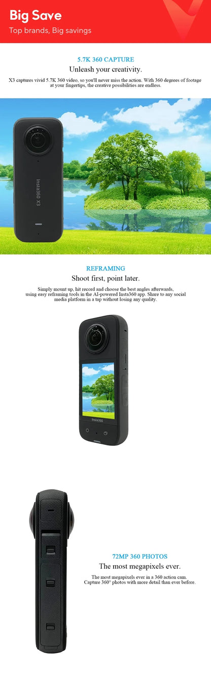 Insta360 X3 - Waterproof 360 Action Camera with 1/2" 48MP Sensors, 5.7K 360 Active HDR Video, 72MP 360 Photo, 4K Single-Lens