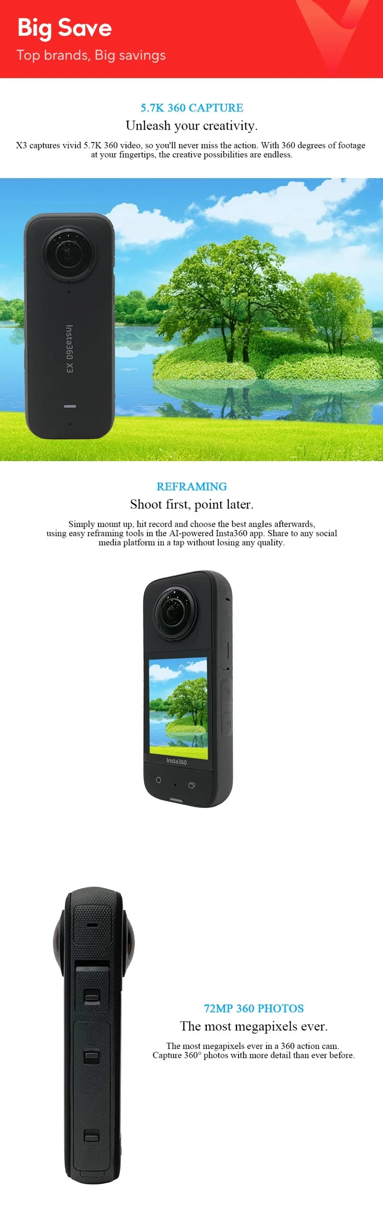 Insta360 X3 - Waterproof 360 Action Camera with 1/2" 48MP Sensors, 5.7K 360 Active HDR Video, 72MP 360 Photo, 4K Single-Lens