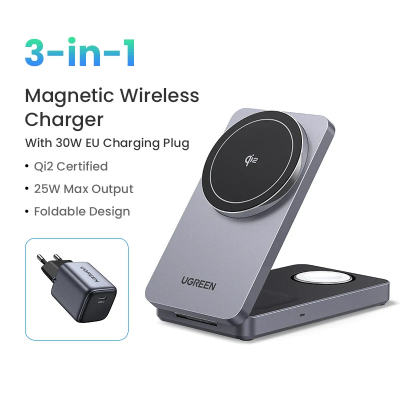 UGREEN 3-in-1 MFi 15W MAX Magnetic Wireless Charger Qi2 Charging Stand For iPhone 16 17 Pro Max For MagSafe Fast Charger