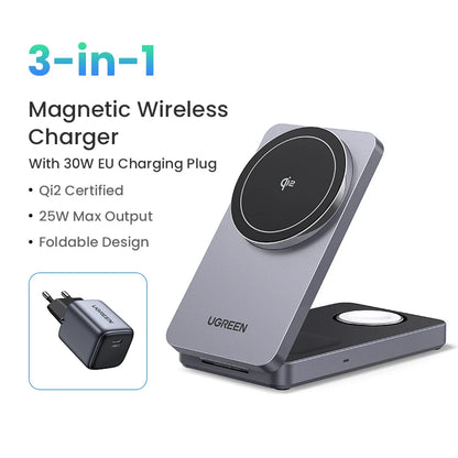 UGREEN 3-in-1 MFi 15W MAX Magnetic Wireless Charger Qi2 Charging Stand For iPhone 16 17 Pro Max For MagSafe Fast Charger