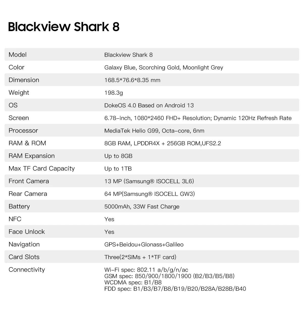 Blackview SHARK 8 Smartphone Android13 G99 Mobile Phone 6.78'' 120Hz 2.4K Display 16 (8+8) GB RAM 256GB ROM 64MP Cameras Phones
