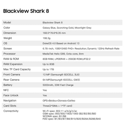 Blackview SHARK 8 Smartphone Android13 G99 Mobile Phone 6.78'' 120Hz 2.4K Display 16 (8+8) GB RAM 256GB ROM 64MP Cameras Phones