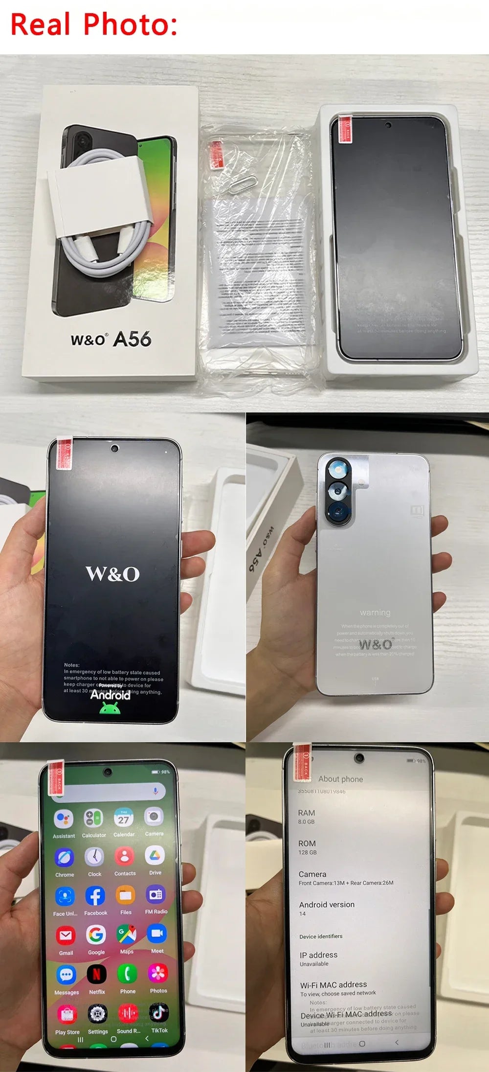 Global Version Smartphone W&O A56 4G Android 14 Dual SIM 6.7 Inch HD+ 8GB+128GB Mobile phone 5200mAh 26MP Camera Cellphone