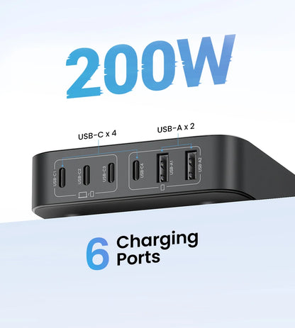 UGREEN 200W GaN Charger Desktop Laptop Fast Charger 6 in 1 Adapter For iPhone 17 16 Pro Xiaomi Samsung Tablets Macbook Charger