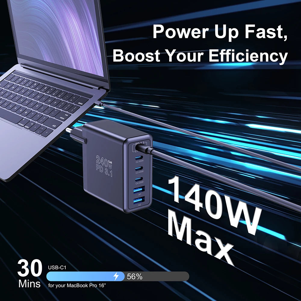 Ubigbuy 240W GaN Charger Fast Charging 140W PD3.1 PPS USB Type C Phone Quick Charger for MacBook Pro iPhone 16 Samsung Laptops