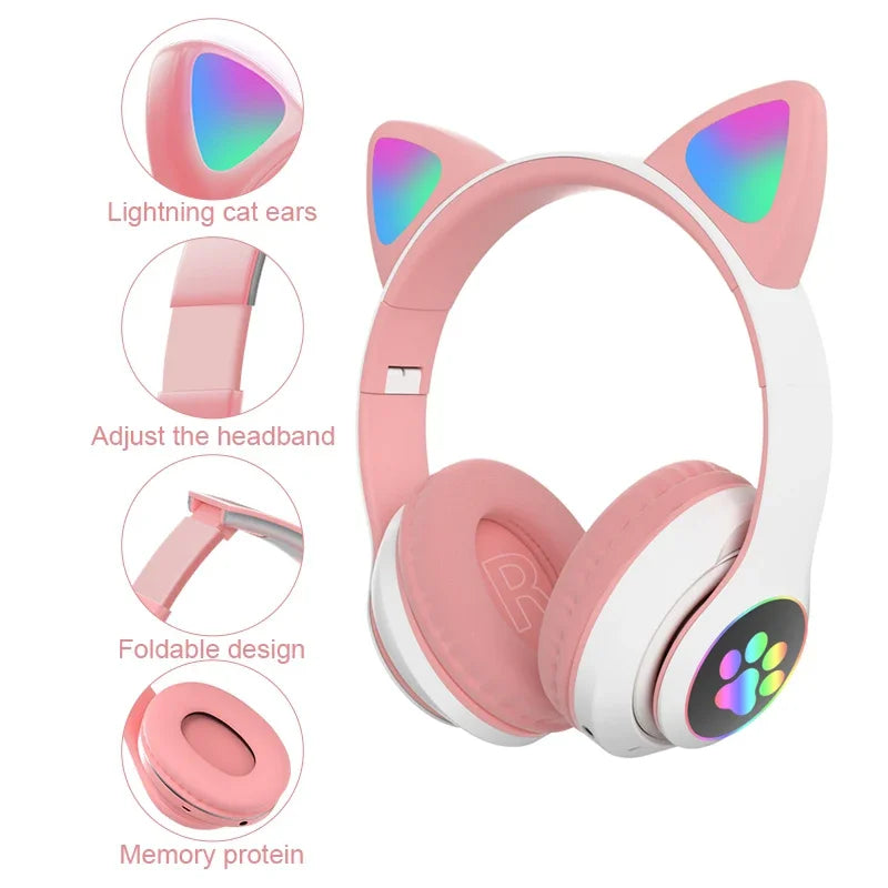 Flash Lamp Cute Cat Ears Headphone Bluetooth5.0 Stereo With Mic Support TF Card Wireless Kids Girl Earphone Birthday Gift - Universal Market