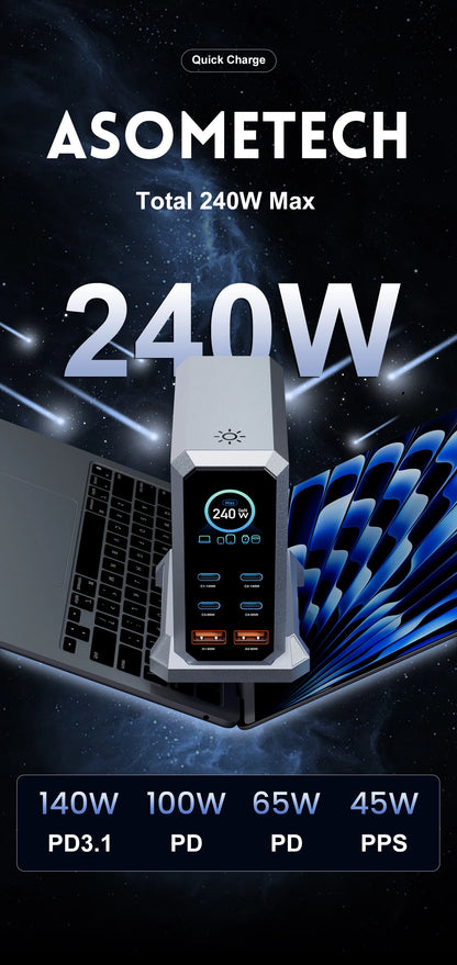240W GaN Charger PD3.1 140W USB Type C 6 Ports PPS PD Desktop Fast Charging Station for MacBook Laptops Tablet iPhone Samsung