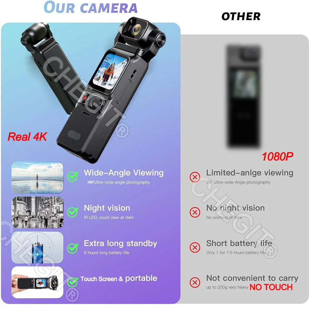 Real 4K Touchscreen Pocket Camera WIFI Outdoor DV 180°Rotatable UHD Anti-shake Bodycam Sports Action Portable Security Recorder