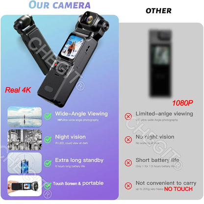 Real 4K Touchscreen Pocket Camera WIFI Outdoor DV 180°Rotatable UHD Anti-shake Bodycam Sports Action Portable Security Recorder
