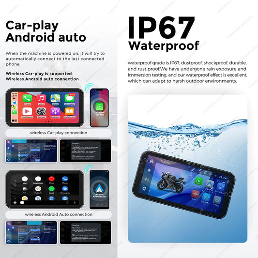 Portable 6.25 inch IP67 Waterproof Motorcycle GPS Navigation Wireless Carplay Android Auto DVR Drive Recorder Moto Monitor WIFI - Universal Market