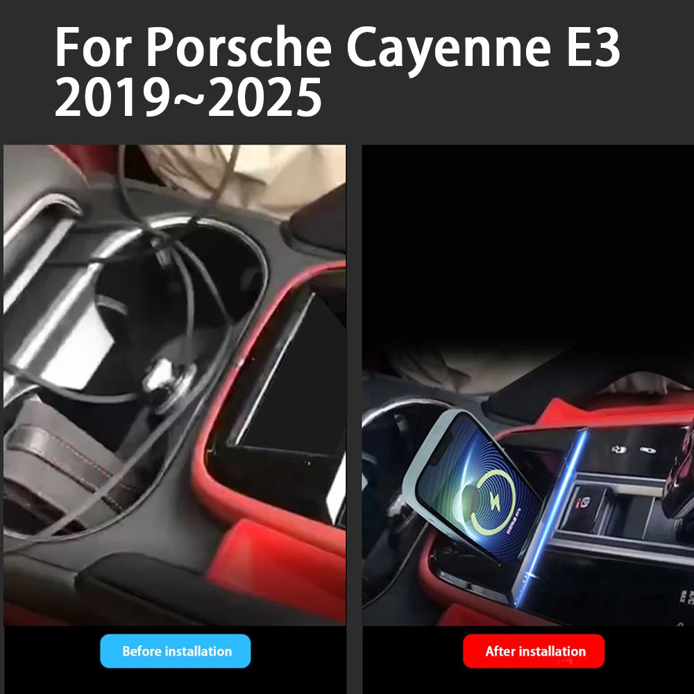 Car Wireless Mobile Phone Charger Center Console Storage QI 18W iPhone fast charge for Porsche Cayenne E3 2019–2025