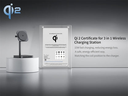LULULOOK Qi2 3 in 1 Wireless Charging Station,Aluminum 15W Fast Mag-Safe Charger Stand for iPhone 17 16 15 14,5W for Apple Watch