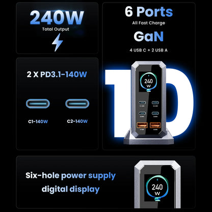 240W GaN Charger PD3.1 140W USB Type C 6 Ports PPS PD Desktop Fast Charging Station for MacBook Laptops Tablet iPhone Samsung
