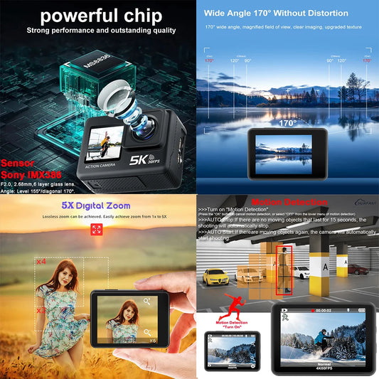 G9SE Action Camera 5K30fps 4K60fps 50MP 2.0 Touch LCD EIS DVR Webcam Dual Screen Wi-Fi 170D Waterproof 30M 5X Zoom Sports Camera
