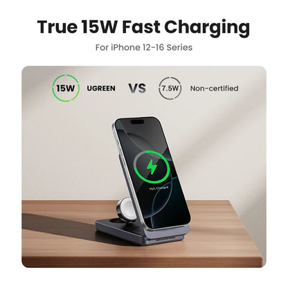 UGREEN 3-in-1 MFi 15W MAX Magnetic Wireless Charger Qi2 Charging Stand For iPhone 16 17 Pro Max For MagSafe Fast Charger