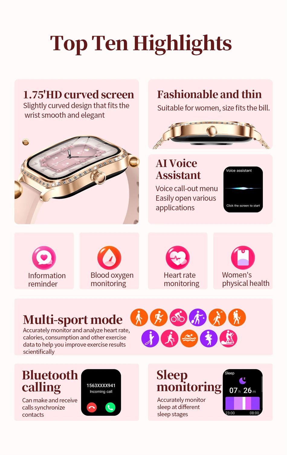 For Xiaomi Huawei New Women Smart Watch Heart Rate Blood Pressure Monitor Music Playback AI Voice Sports BT Calling SmartWatch