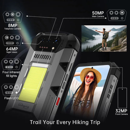 Unihertz 8849 Hike Smartphone Android 14 With 200 Meter Flashlight LED 23800mAh 24GB 512GB Dual Speaker Helio G200 IP68/IP69K 4G