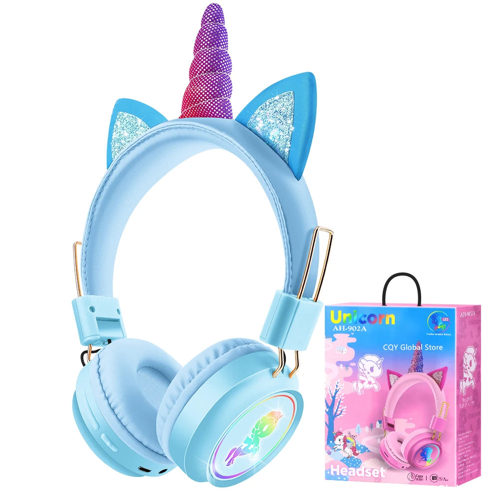 RGB Unicorn Kids Wireless Headphones With Mic Music Stereo Earphone Cute Unicorn Control RGB Light Headset Girls Kids Gift - Universal Market