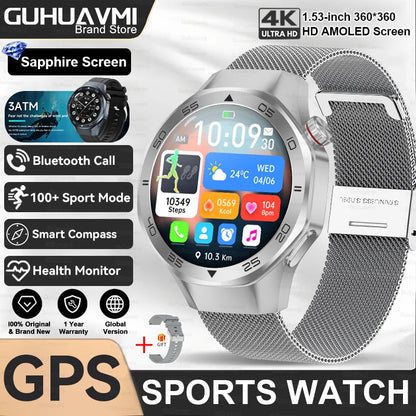 2025New Upgraded Outdoor Sport GPS Smart Watch Men 1.53" HD AMOLED Screen GPS track Heart Rate Bluetooth Call Compass SmartWatch
