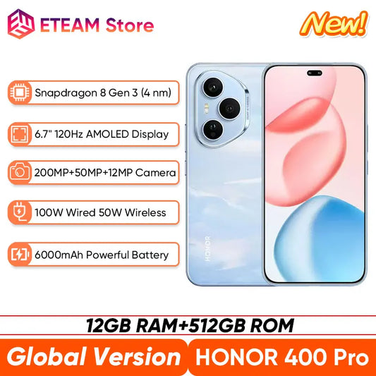 2025 Global Version HONOR 400 Pro 5G Smartphone Snapdragon 8 Gen 3 6.7'' AMOLED Display 200MP 100W Wired 50W Wireless IP68&IP69
