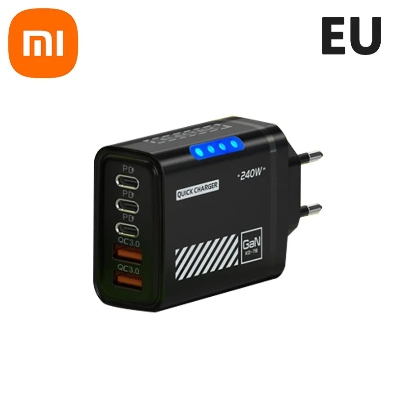 Xiaomi 240W 5 Ports Type-C USB Fast Charger EU US Plug Charger With LED Light Desktop Power Adapter For Iphone Samsung Huawei