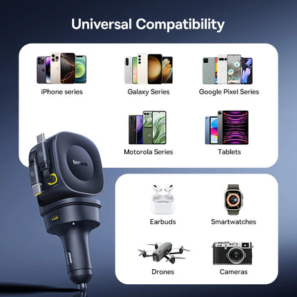 Baseus 100W Car Charger PD QC Fast Charging Dual Type-C Retractable Cable 4 ports 450°Rotation For Laptop Tablet iPhone Samsung