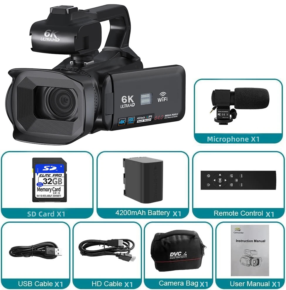 Full 6K Camcorder 64MP Youtuber Professional Digital Video Camera Streaming Auto Focus Photography Vlog Recorder 4" Touch Screen - Universal Market