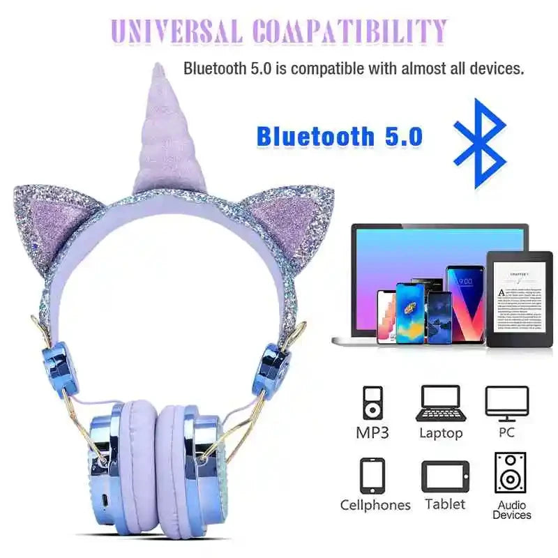 RGB Unicorn Kids Wireless Headphones With Mic Music Stereo Earphone Cute Unicorn Control RGB Light Headset Girls Kids Gift - Universal Market